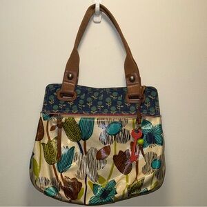 Fossil Key-Per Coated Canvas Floral Tote Shoulder Bag Purse Great Condition